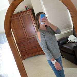 Striped long sleeve tee with cut-outs in the arm